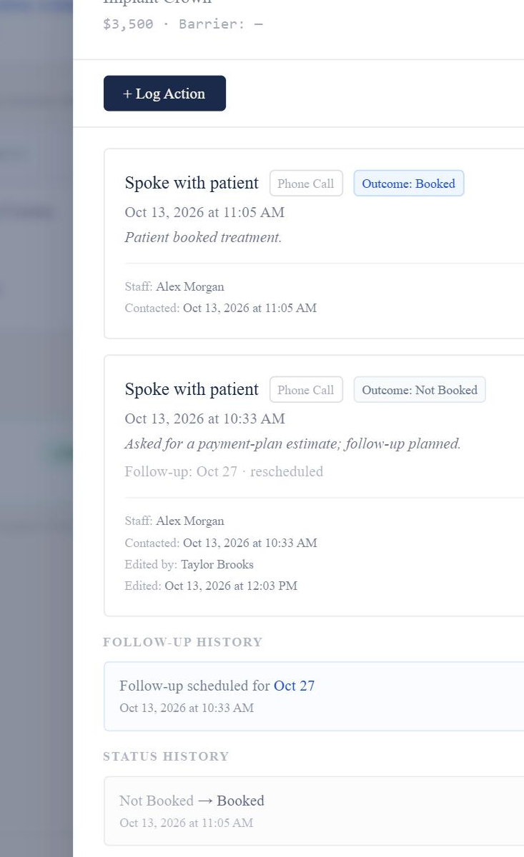 Markwell treatment history showing contact actions, staff attribution, edit attribution, follow-up history, and a Not Booked to Booked status change.
